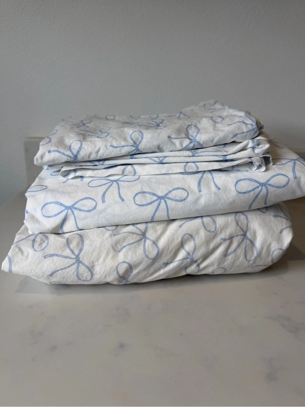 PB Teen, Queen Size Cotton Bow-Print Sheet Set, Blue SEE Photos